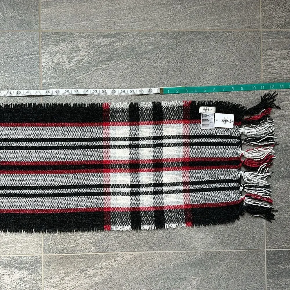 NWT Macy's x Style & Co Ultra-soft Fringe Scarf Black Red White Plaid Stripes